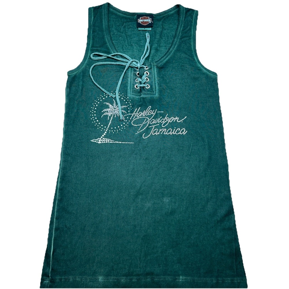 Harley-Davidson Green Jamaica Tank Top Shirt Womens Small Sleeveless Tie & Studs